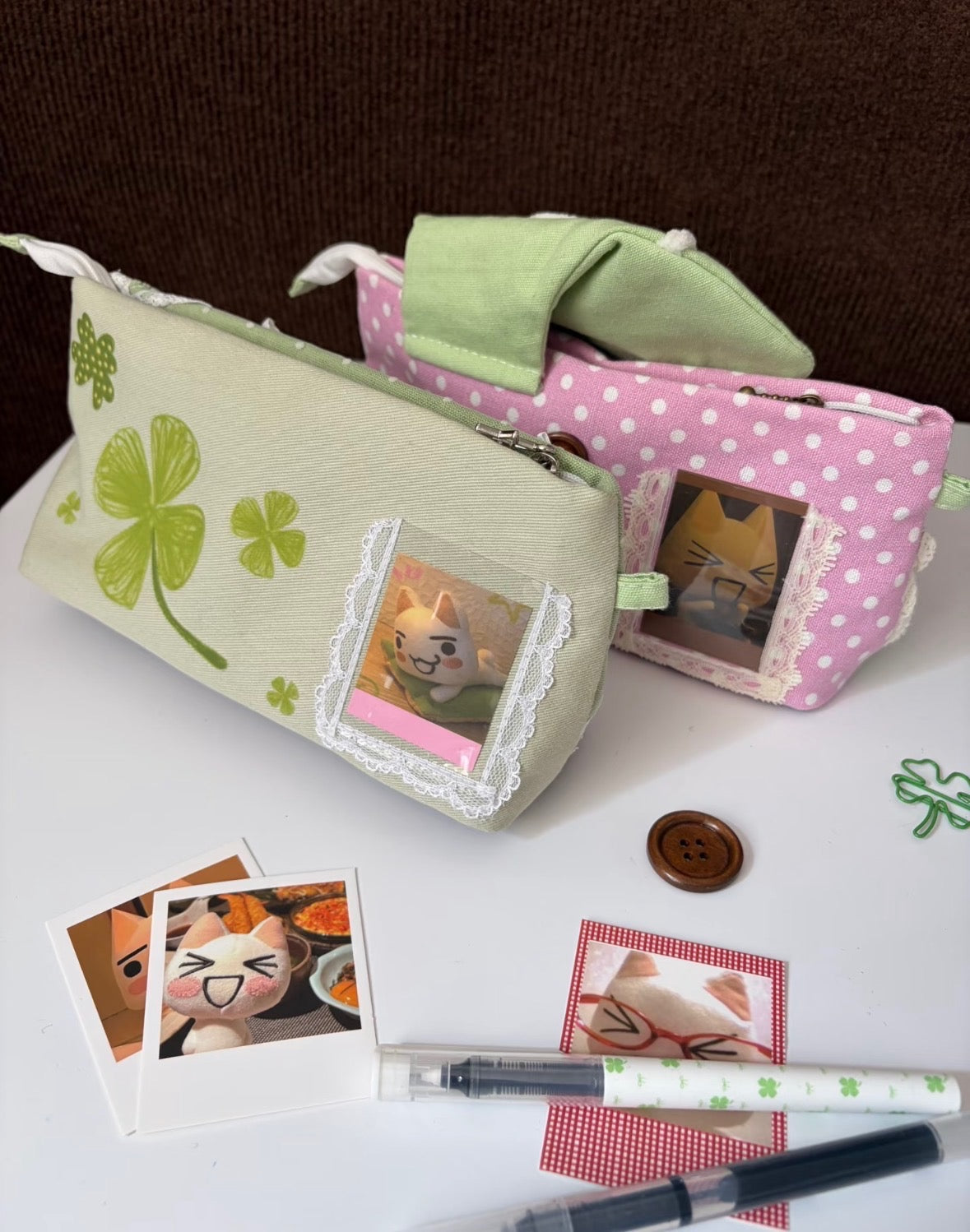 Patchy Clover Mint Heisei Retro Original Handmade Pencil Case