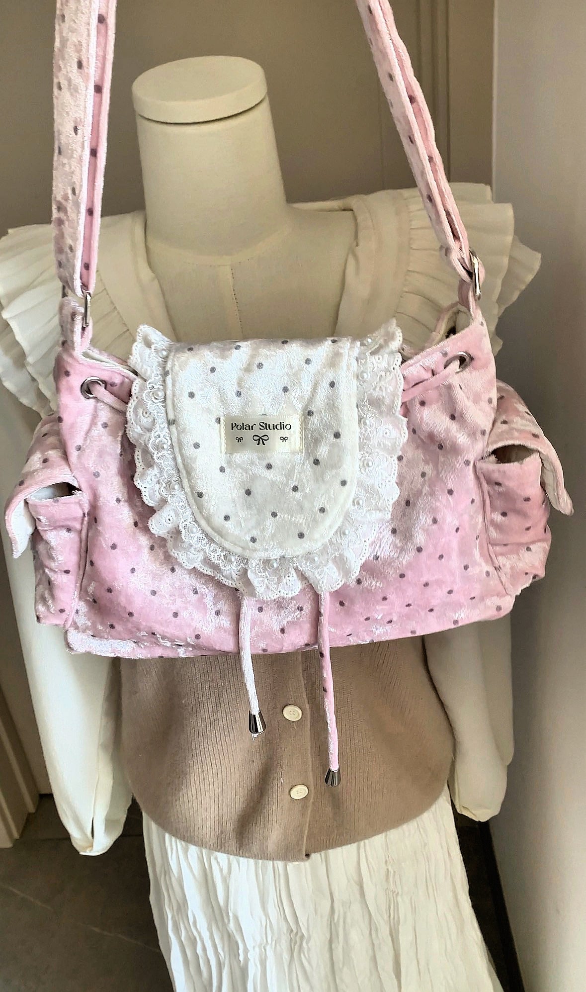 Satin Pink Polka Dot Lace Shoulder Bag