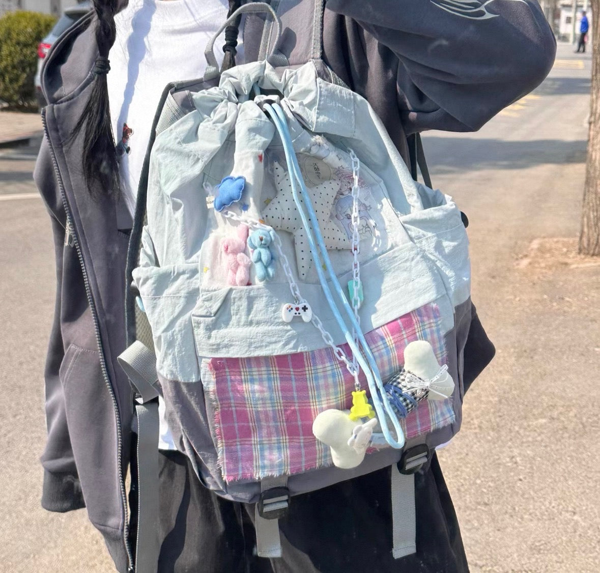 땡땡이 파란색 하트 곰돌이 백팩