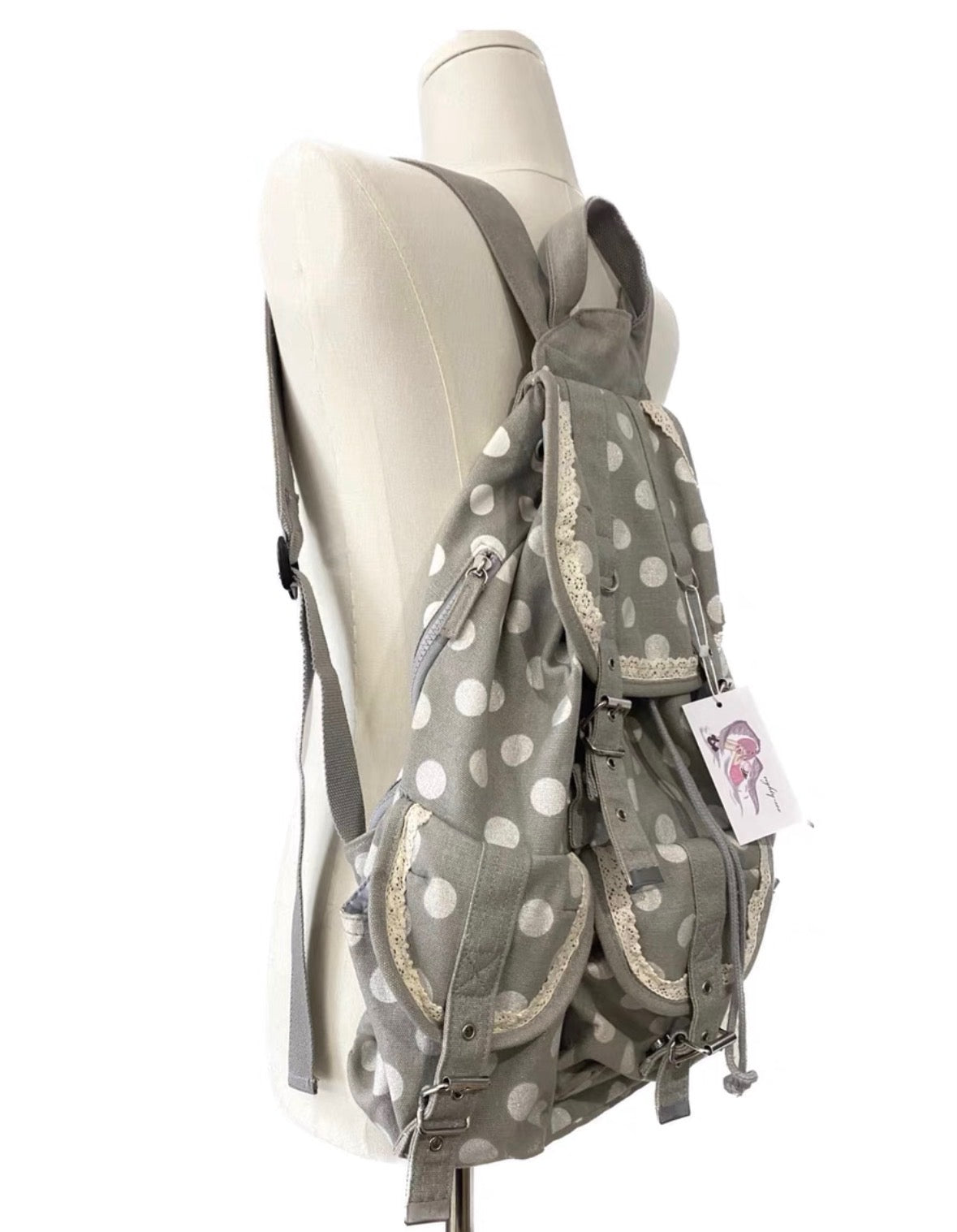 Polka Dots Canvas Lacing Grey Heisei Retro RARE Backpack