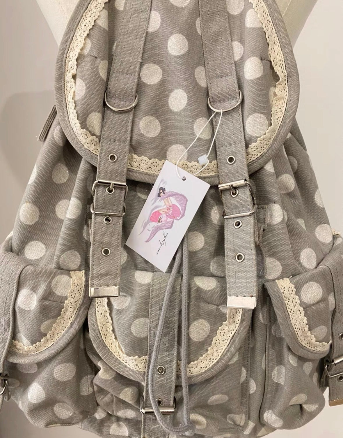 Polka Dots Canvas Lacing Grey Heisei Retro RARE Backpack