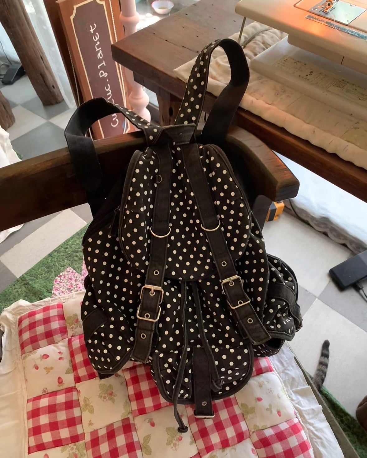Vintage Heisei Retro Black Polka Dots Backpack
