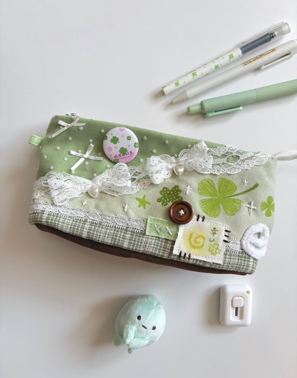 Patchy Clover Mint Heisei Retro Original Handmade Pencil Case