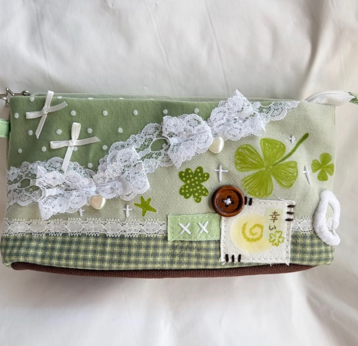 Patchy Clover Mint Heisei Retro Original Handmade Pencil Case
