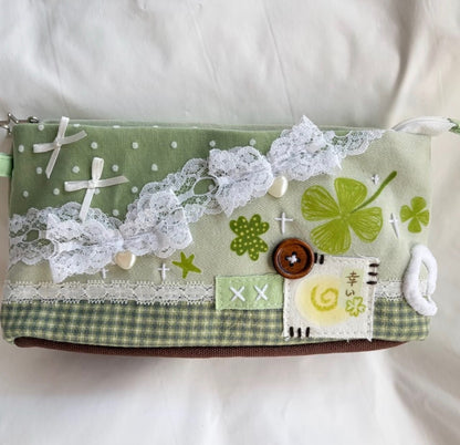 Patchy Clover Mint Heisei Retro Original Handmade Pencil Case