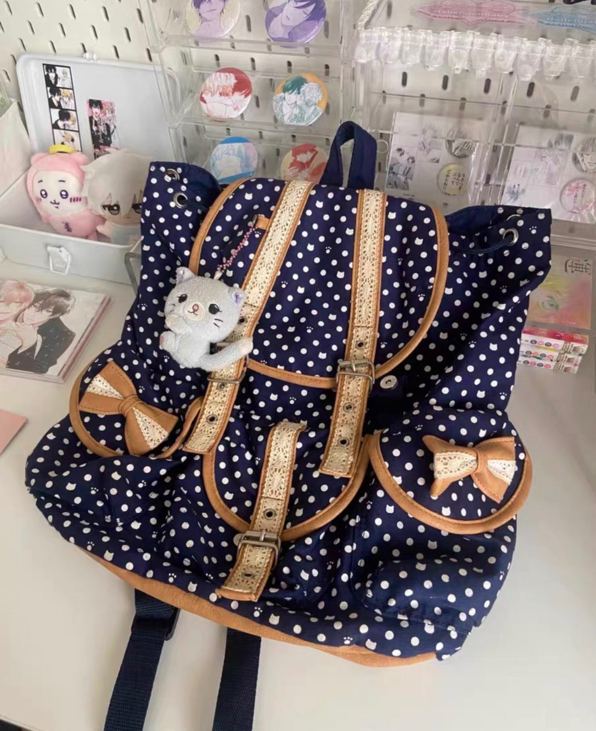 Vintage Heisei Retro Navy Blue Polka Dots Backpack