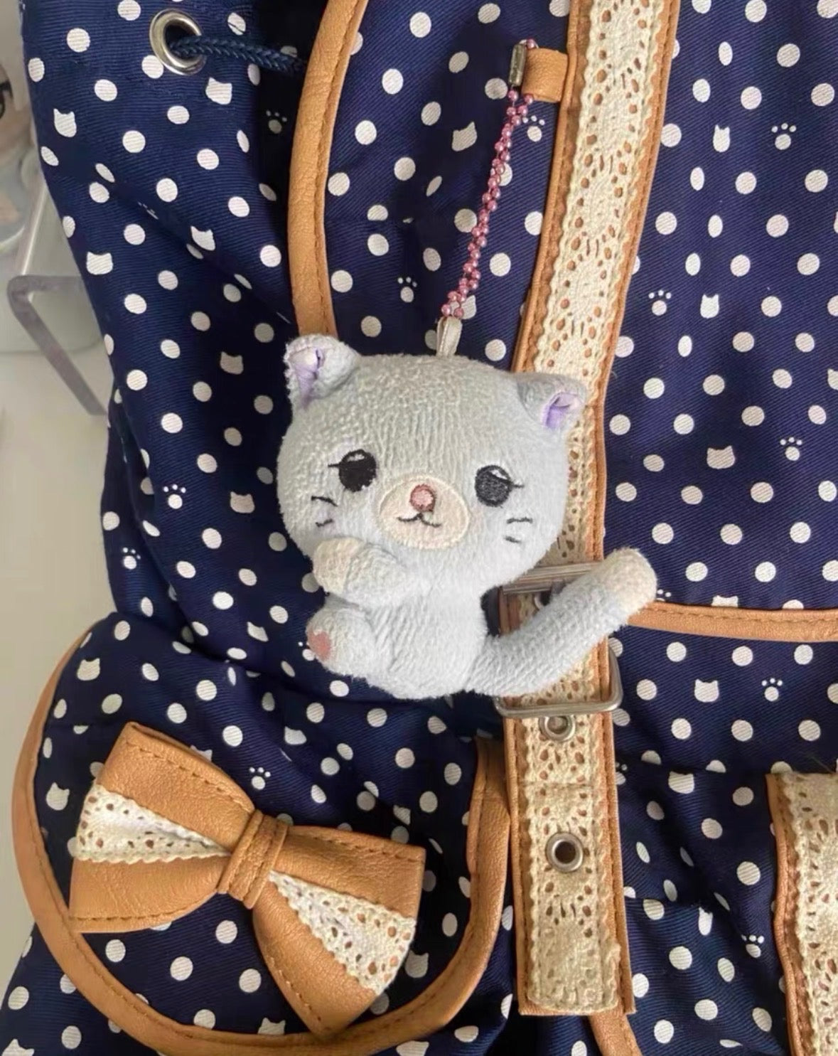 Vintage Heisei Retro Navy Blue Polka Dots Backpack