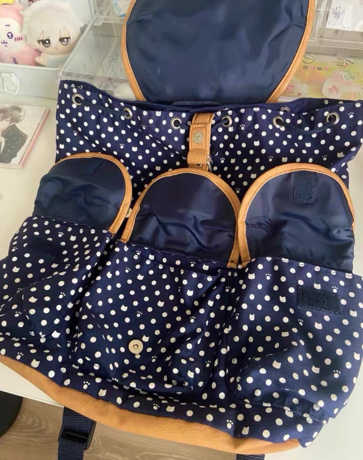 Vintage Heisei Retro Navy Blue Polka Dots Backpack