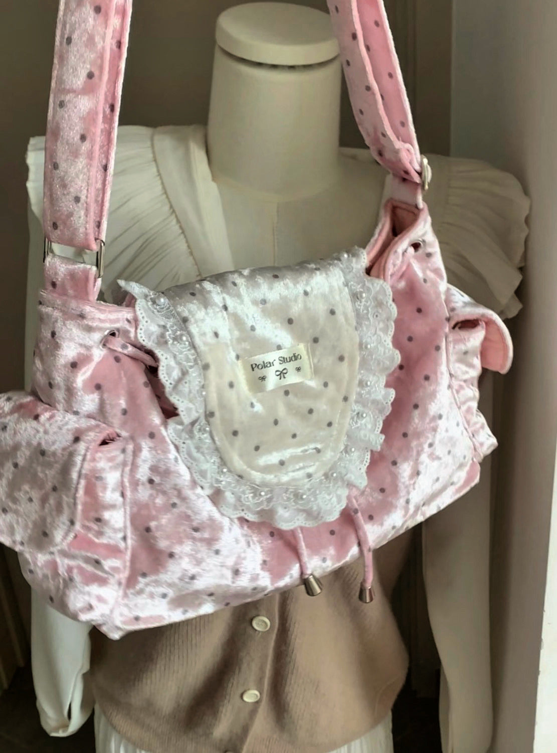 Satin Pink Polka Dot Lace Shoulder Bag